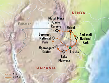 Map of East Africa (Tanzania & Kenya) with Luxury & Style (13 Days) Tour