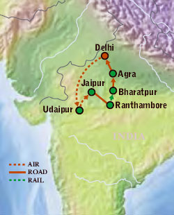 Map ofIndia with Luxury & Style (15 Days, including Rajasthan's first Project Tiger Reserve) Tour