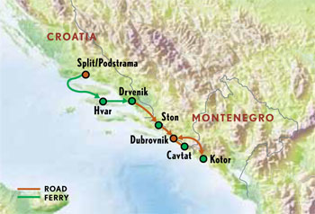 Map of Croatia & Montenegro with Luxury & Style (9 Days) Tour