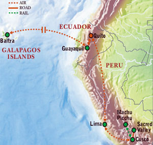 Map of Peru and The Galapagos with Luxury & Style (16 Days) Tour