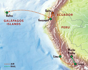 Map of Peru and The Galapagos Islands with Luxury & Style (16 Days) Tour
